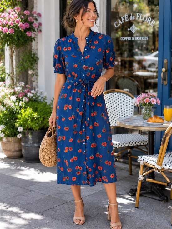 UNTUCKit Dresses & Skirts - UNTUCKit Alix Poppy Print Button Front Dress Blue Orange Floral Belted Size 10